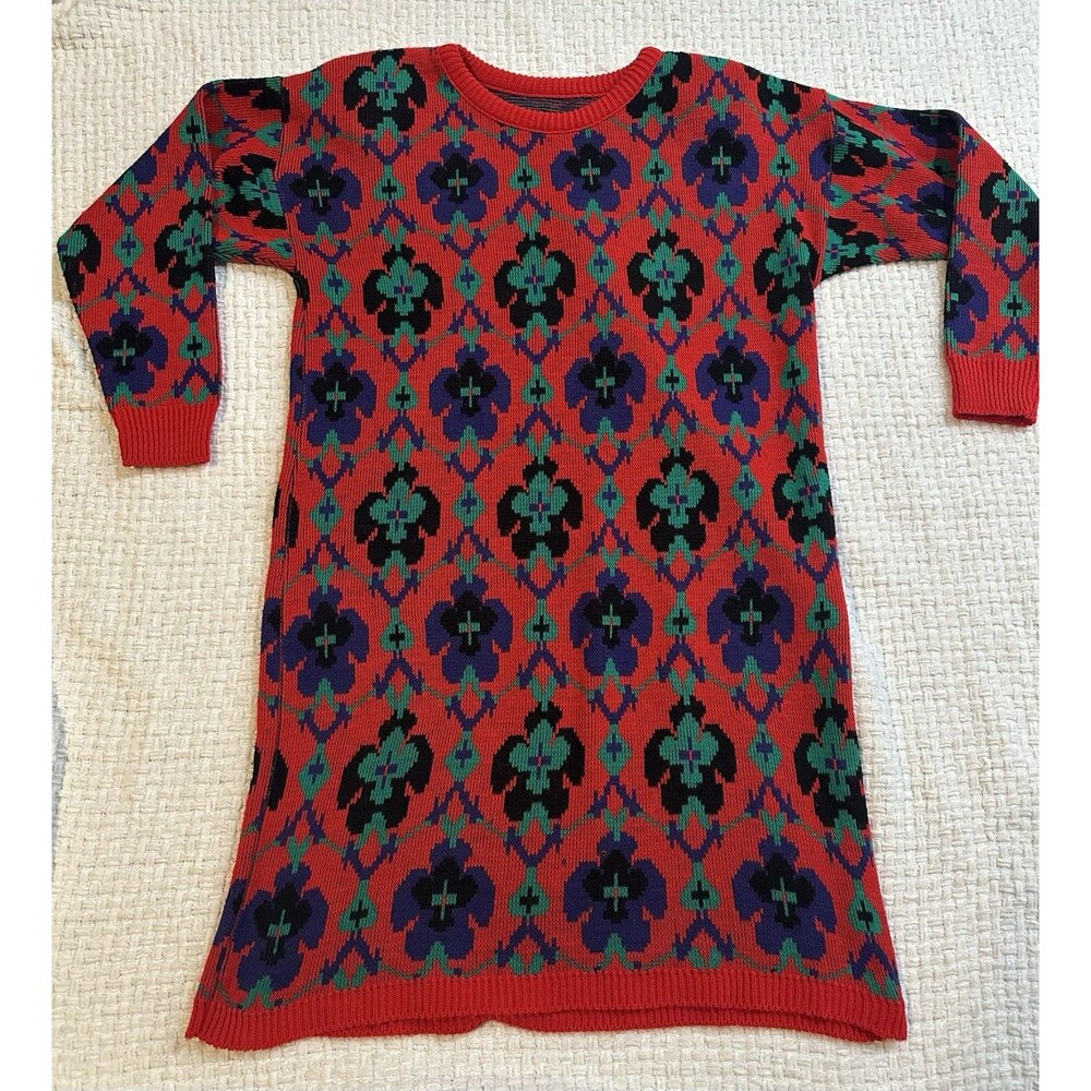 Vintage 80s 90s Red Floral Geometric Jacquard Sweater Dress - Shoulder Pads